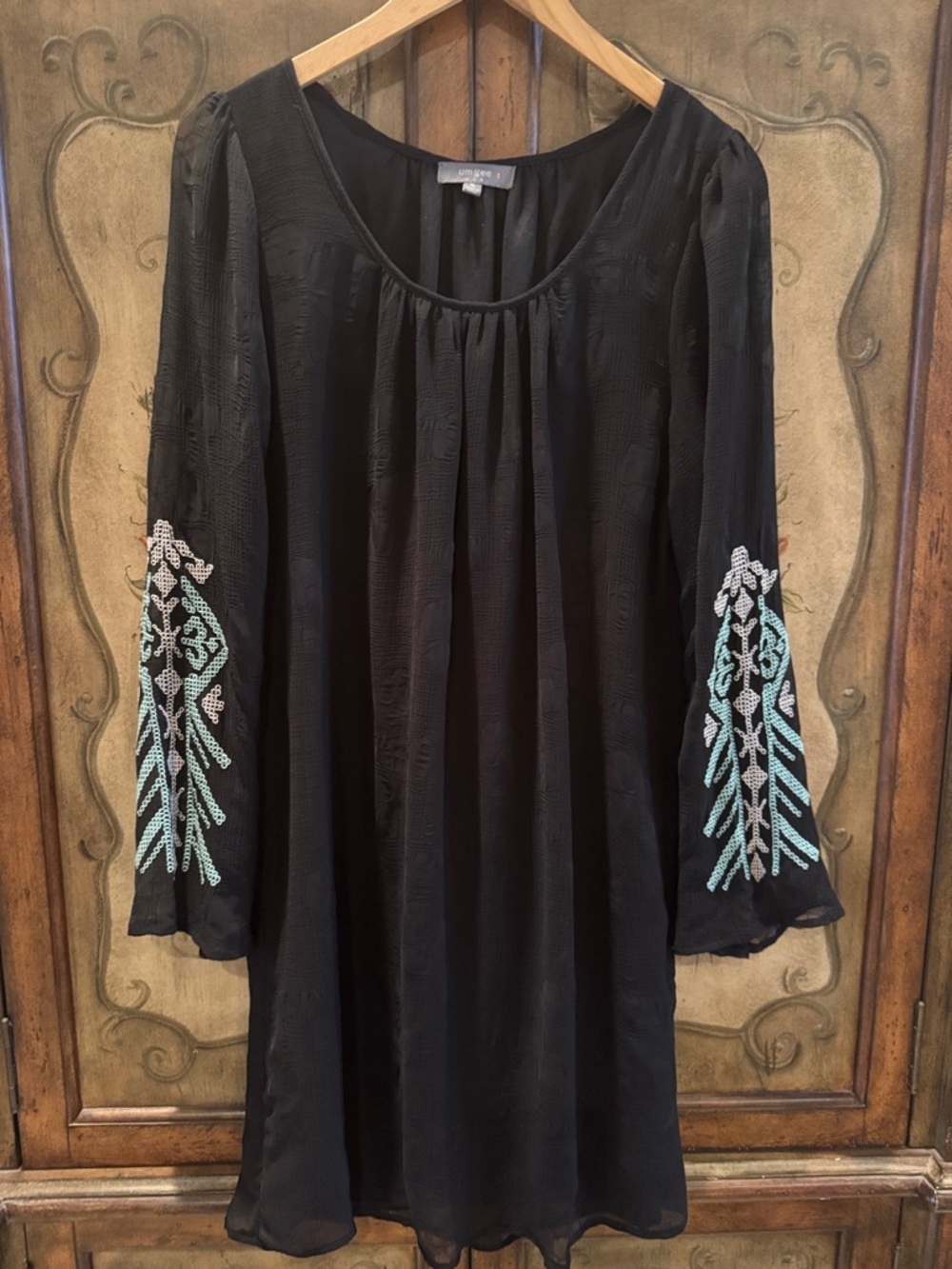 Umgee Black Long Sleeve Chiffon Dress with Mint & Silver Embroidery